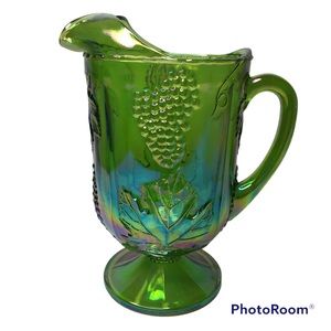 Vintage “Harvest Grape” Green Carnival Glass Pitcher
